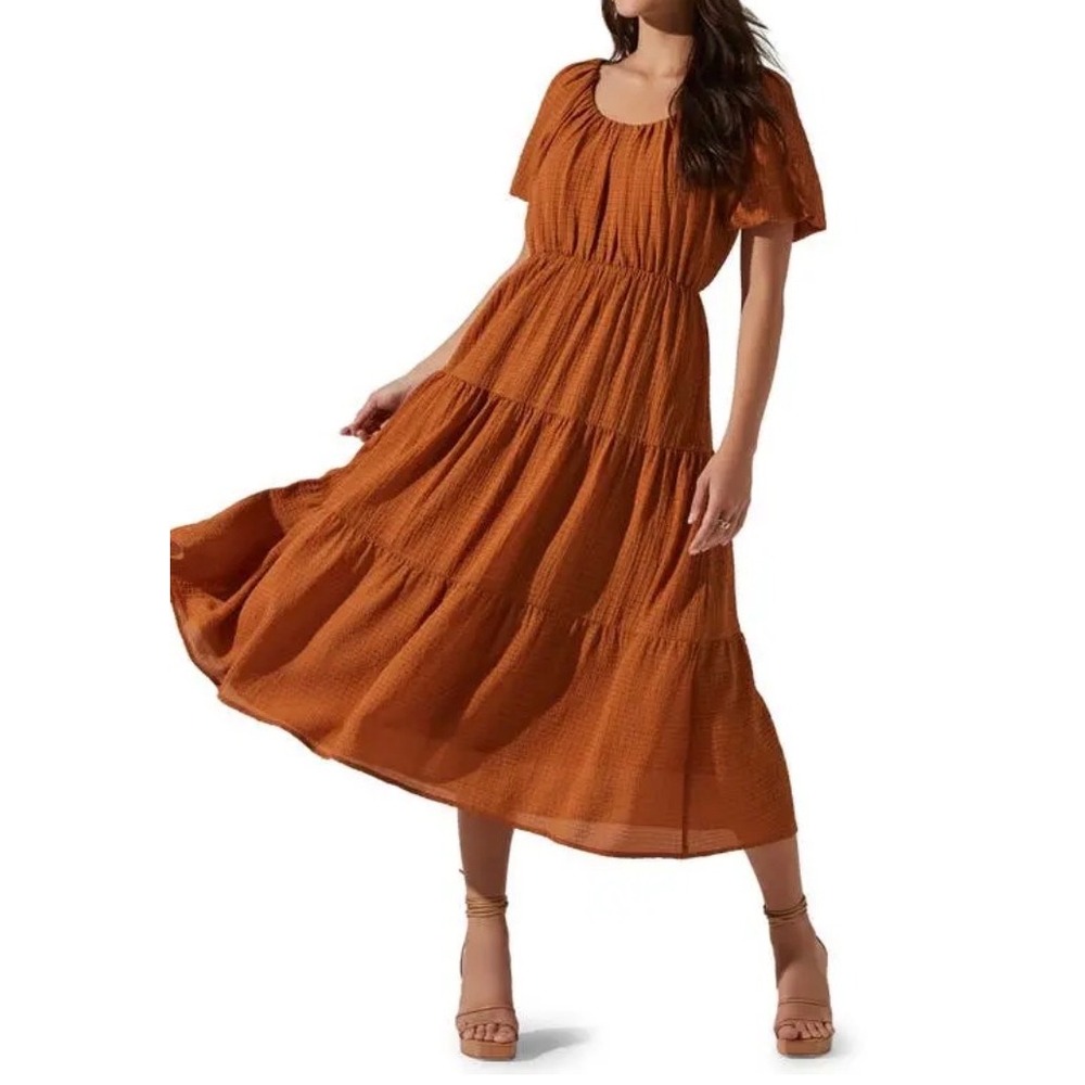 ASTR The Label Spice Orange Textured Tiered Midi Dress Womens M Boho Puff Sleeve